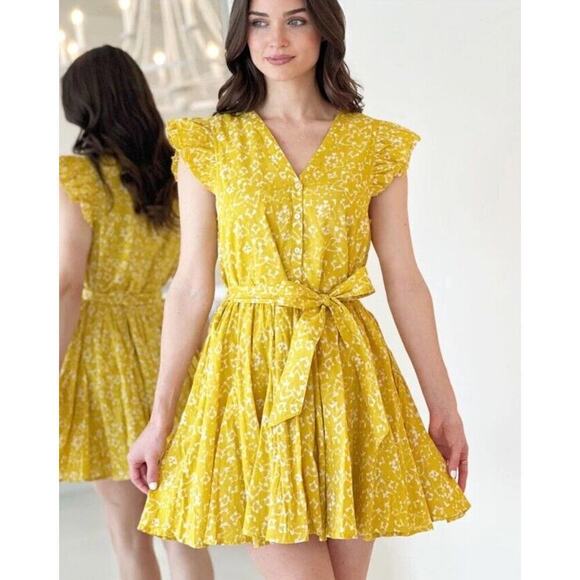 Evereve Cleobella Zia Mini Dress Small Printed Yellow Flutter Sleeve V Neck - Picture 1 of 16